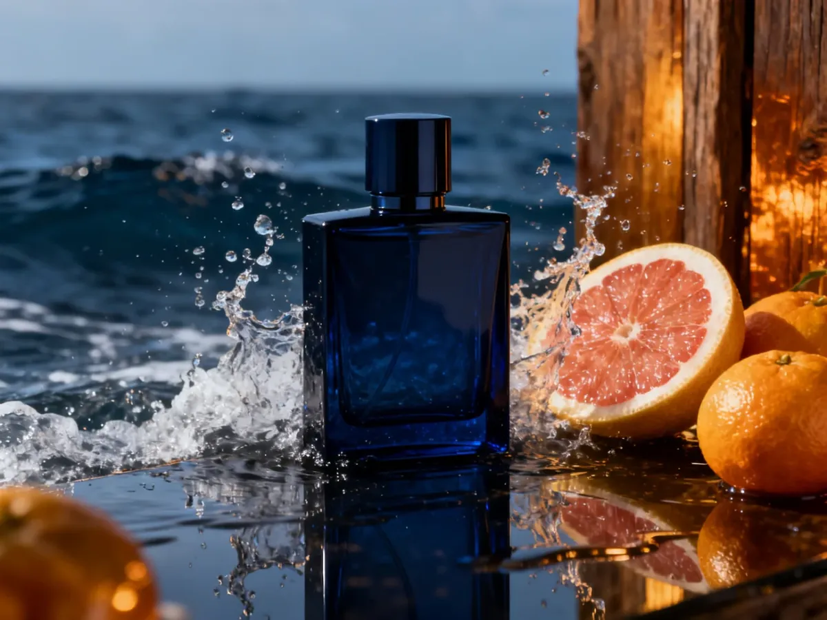 Butelka męskich perfum na tle morskiej wody i cytrusów