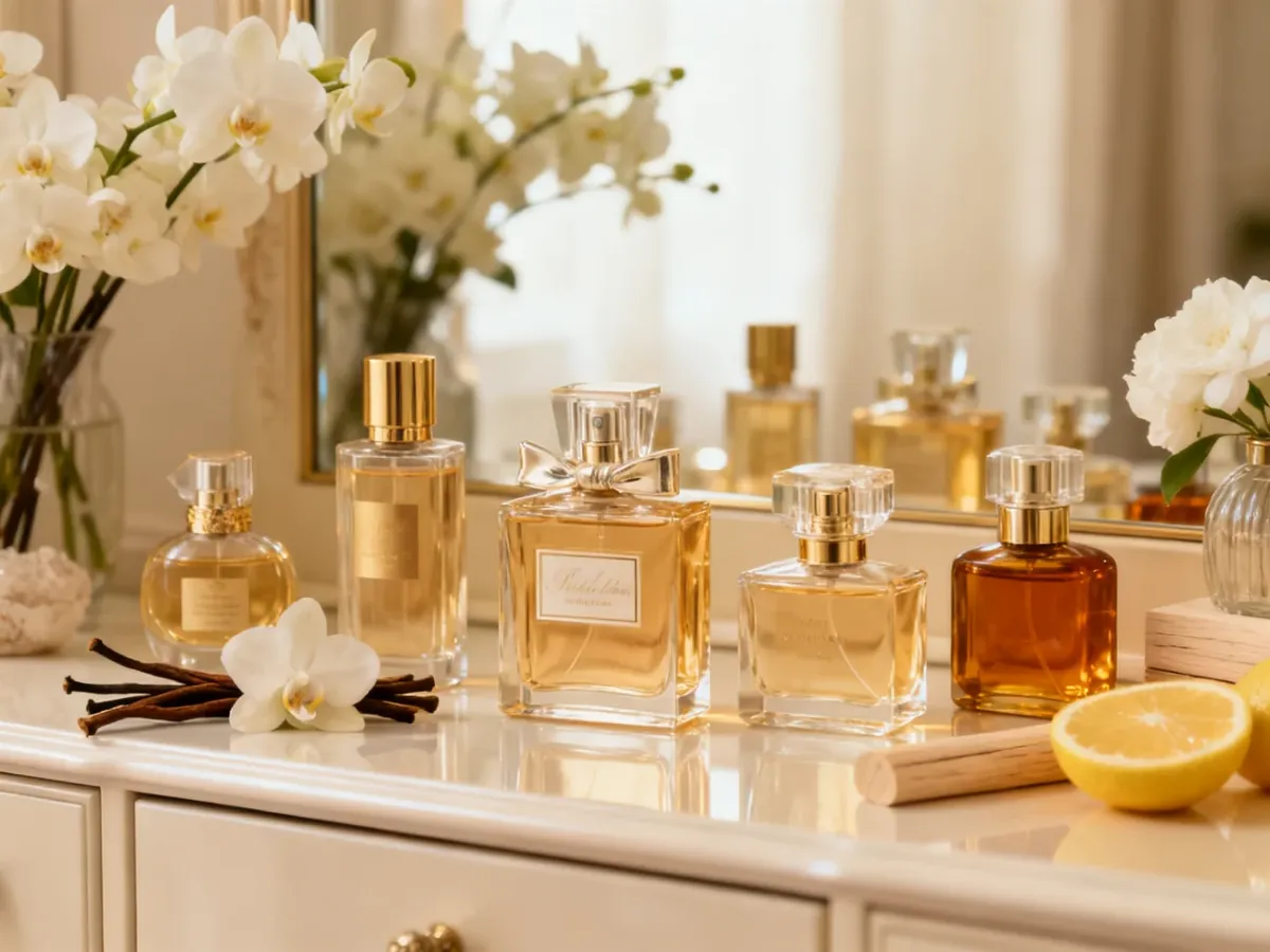 Elegancka kompozycja damskich perfum w otoczeniu kwiatów i ciepłych nut zapachowych