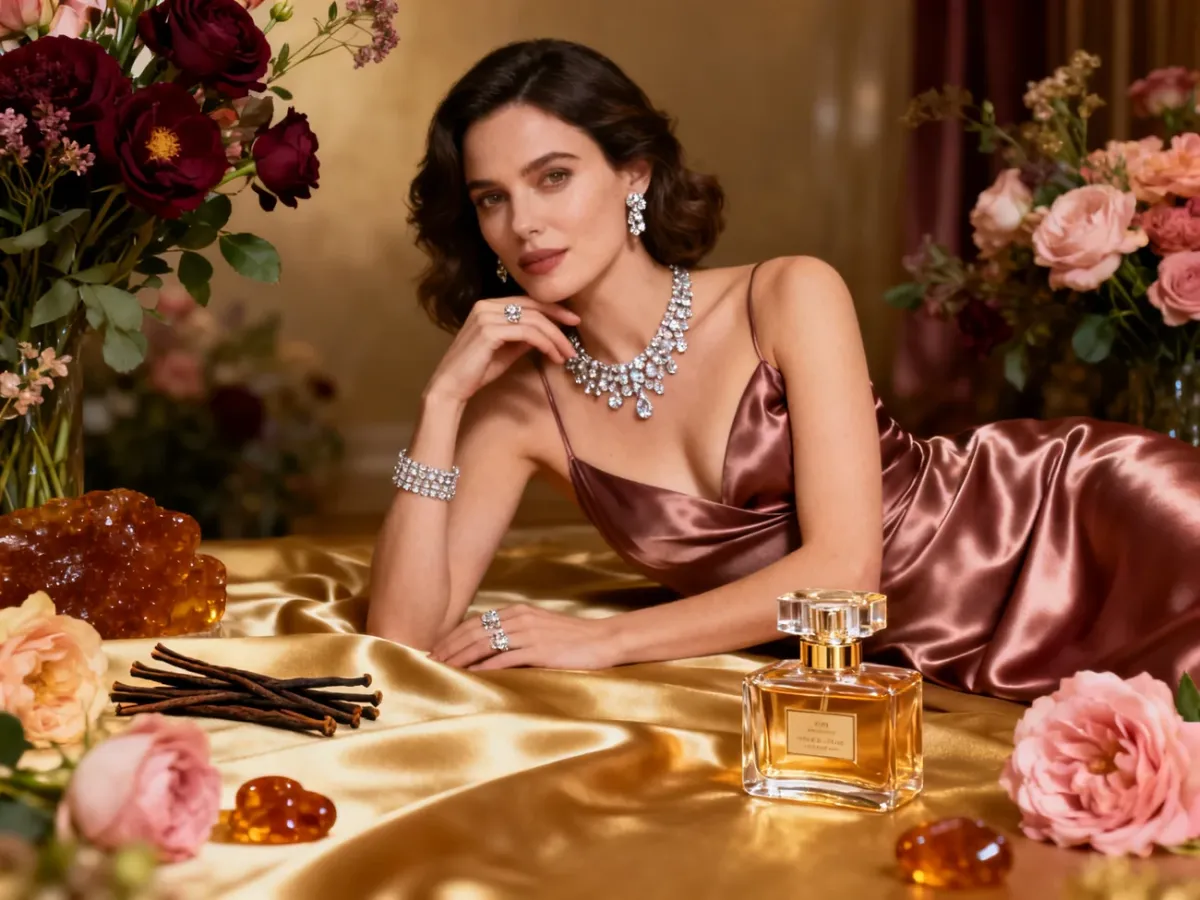 Glamour wieczorowa stylizacja z kwiatami i luksusowymi perfumami