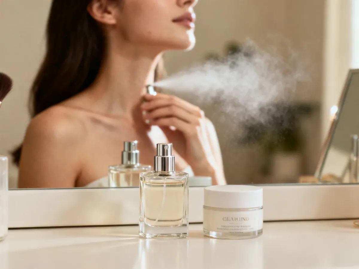 Kobieta aplikuje perfumy na szyję przy eleganckiej toaletce