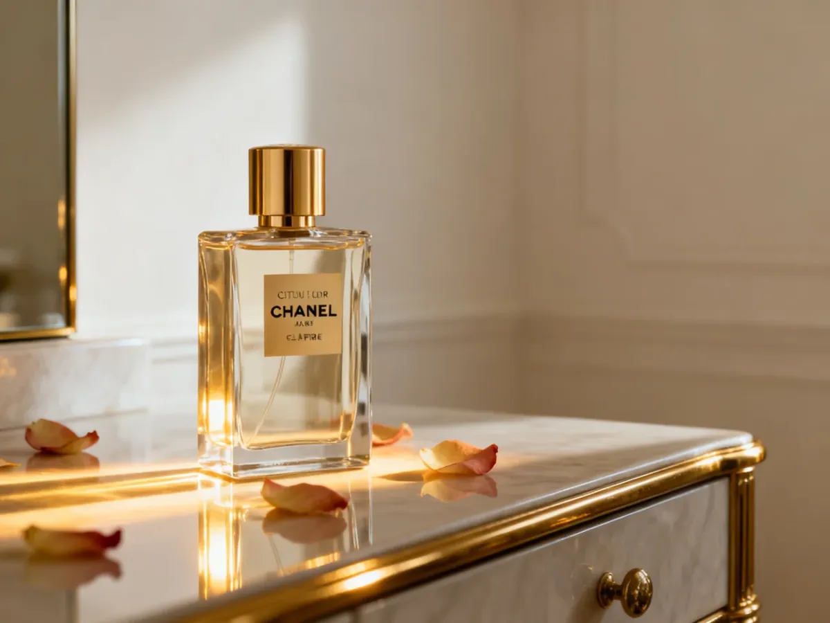Elegancka butelka perfum w nowoczesnej, kwiatowo-cytrusowej aranżacji