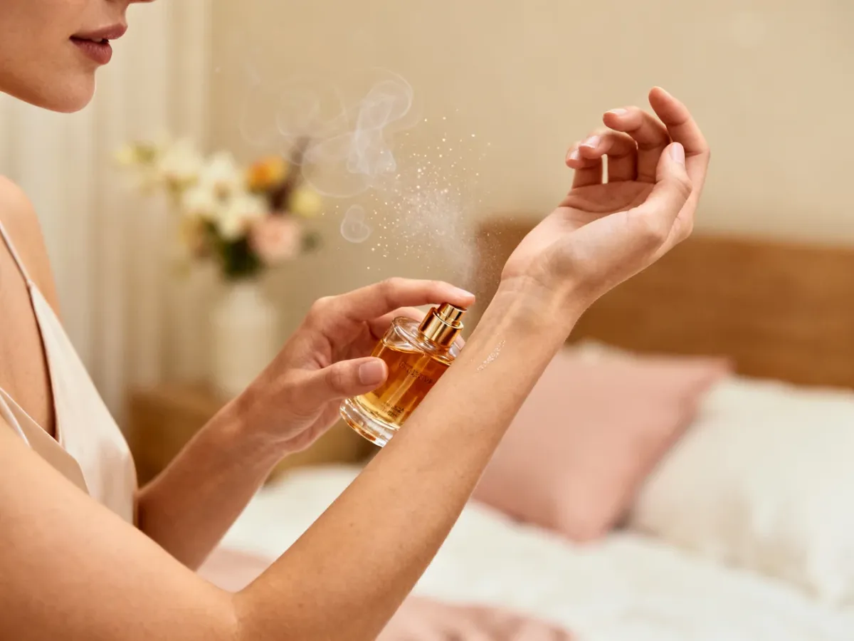 Kobieta testująca słodkie perfumy na nadgarstku
