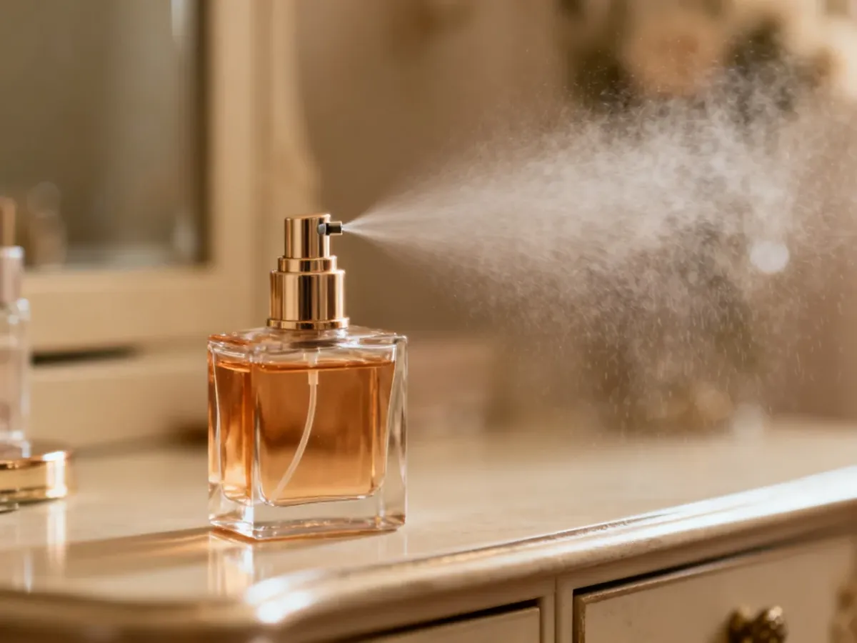 Flakon perfum z mechanicznym atomizerem rozpylającym delikatną mgiełkę
