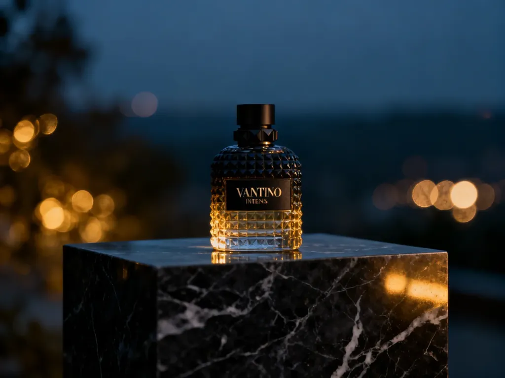 Elegancki flakon perfum Valentino Intense na marmurowym postumencie w otoczeniu nastrojowego, złotego światła.