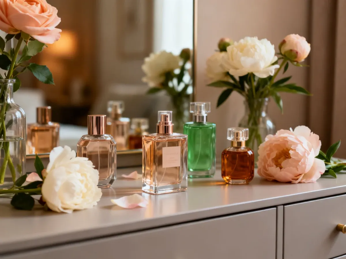 Eleganckie flakony damskich perfum wśród delikatnych kwiatów