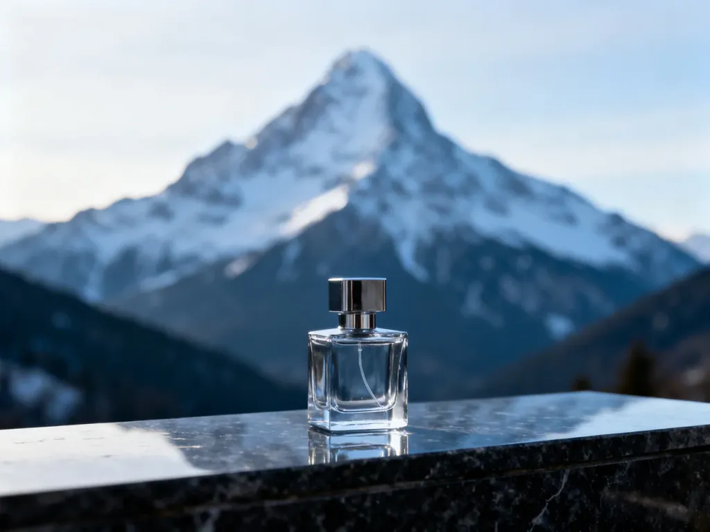 Luksusowy flakon perfum Mont Blanc na tle ośnieżonego szczytu górskiego w chłodnej, eleganckiej tonacji.