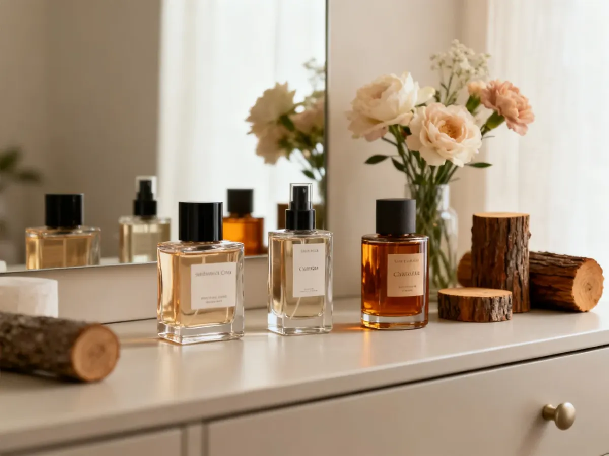 Różnorodne perfumy ułożone na eleganckiej toaletce