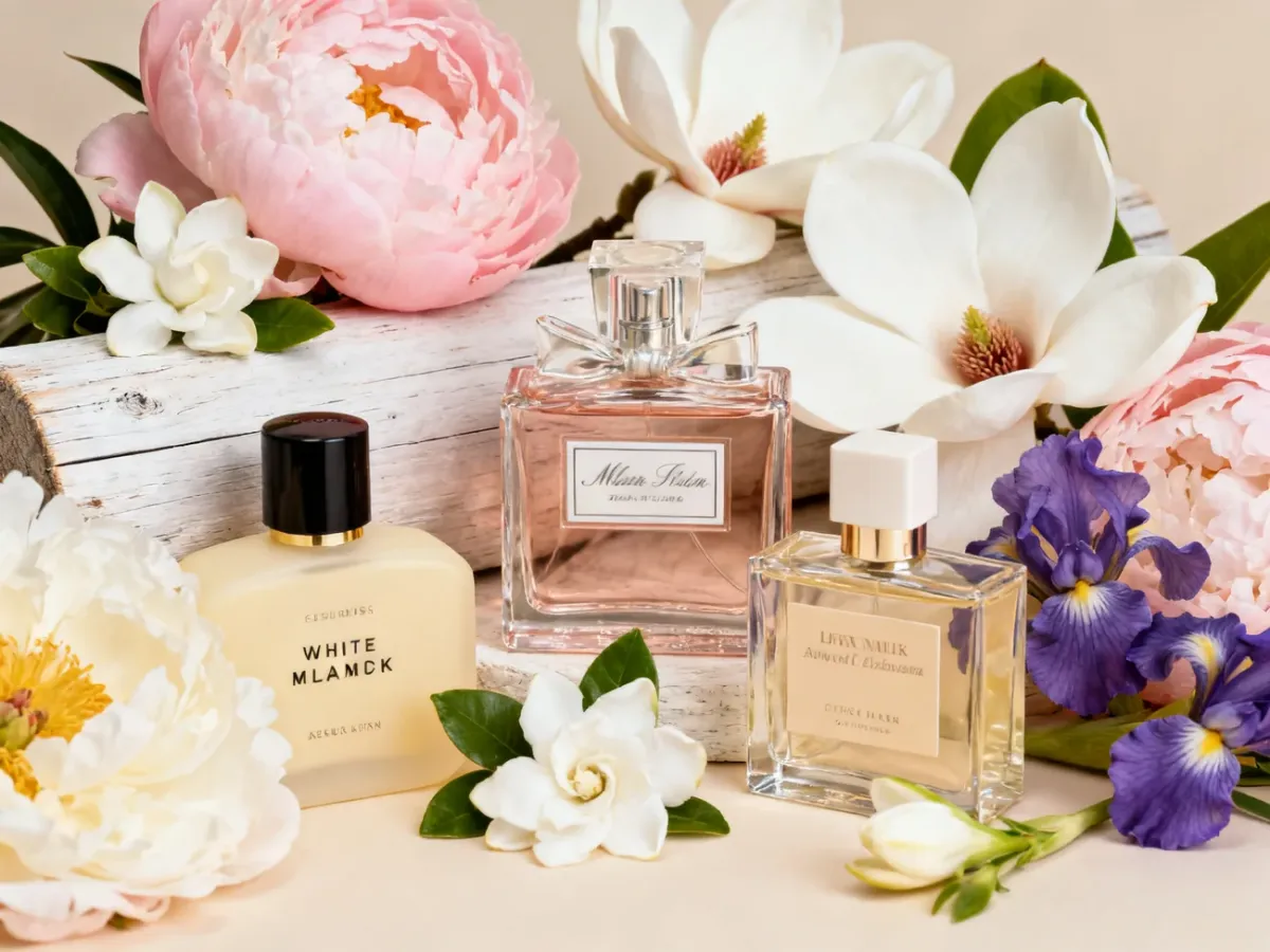 Perfumy damskie wśród delikatnych kwiatów i pudrowych akordów