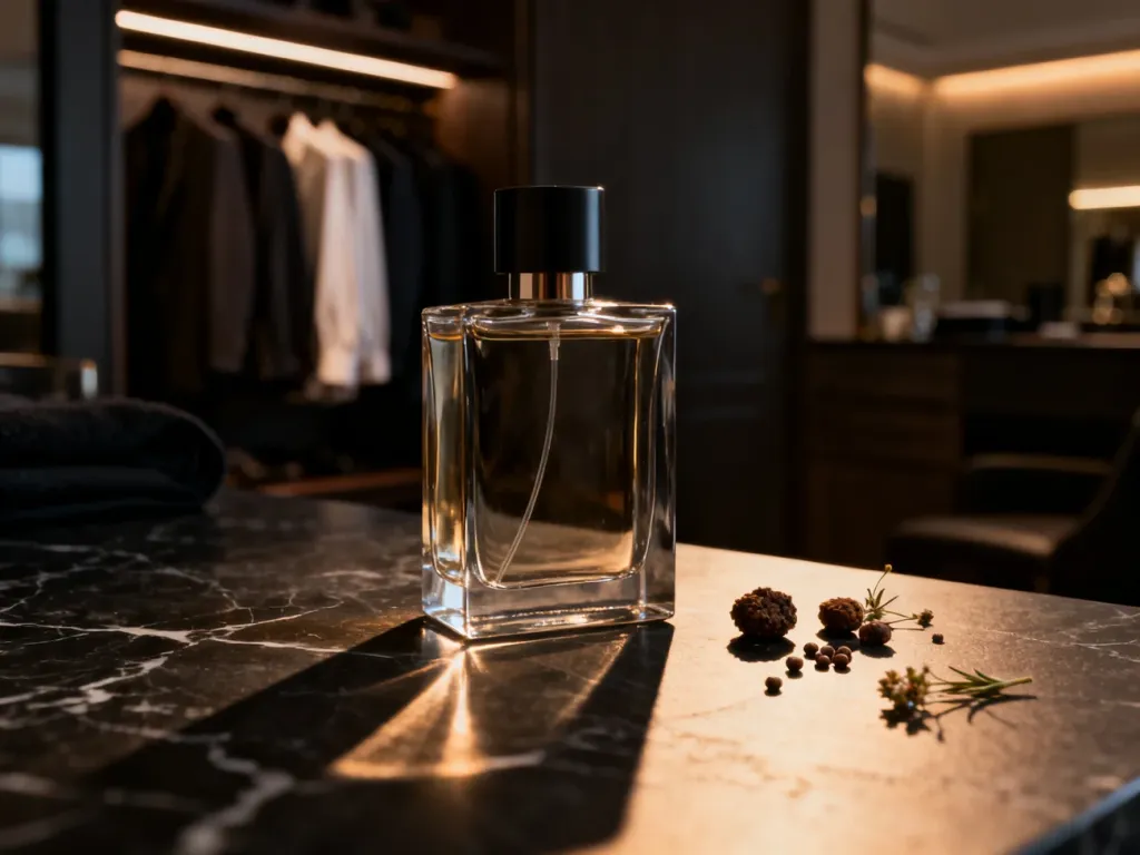 Elegancki flakon męskich perfum z nutami piżma na marmurowym blacie w otoczeniu roślinnych akcentów.