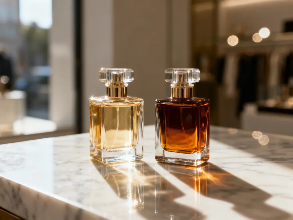 Dwie eleganckie butelki perfum z płynami o różnej barwie na marmurowym blacie w promieniach porannego słońca.