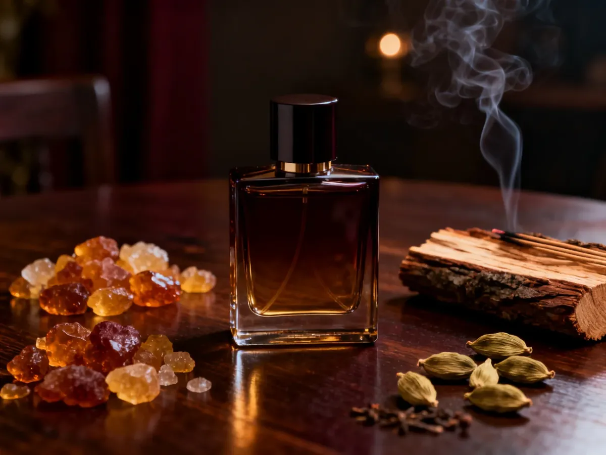 Flakon męskich perfum w ciepłej wieczornej aranżacji z ambrą, kardamonem, cedrem i kadzidłem