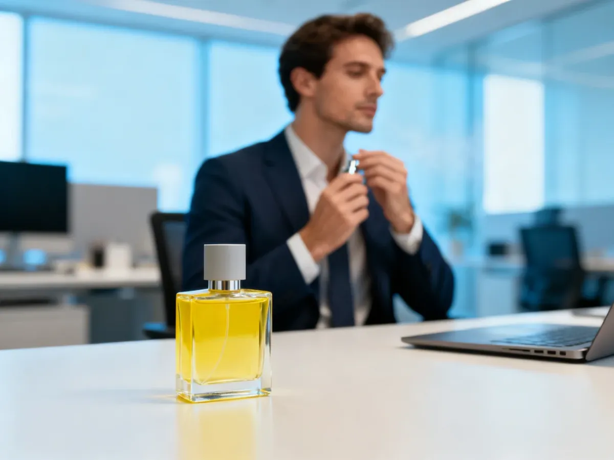 Mężczyzna aplikujący lekkie perfumy w jasnym biurze