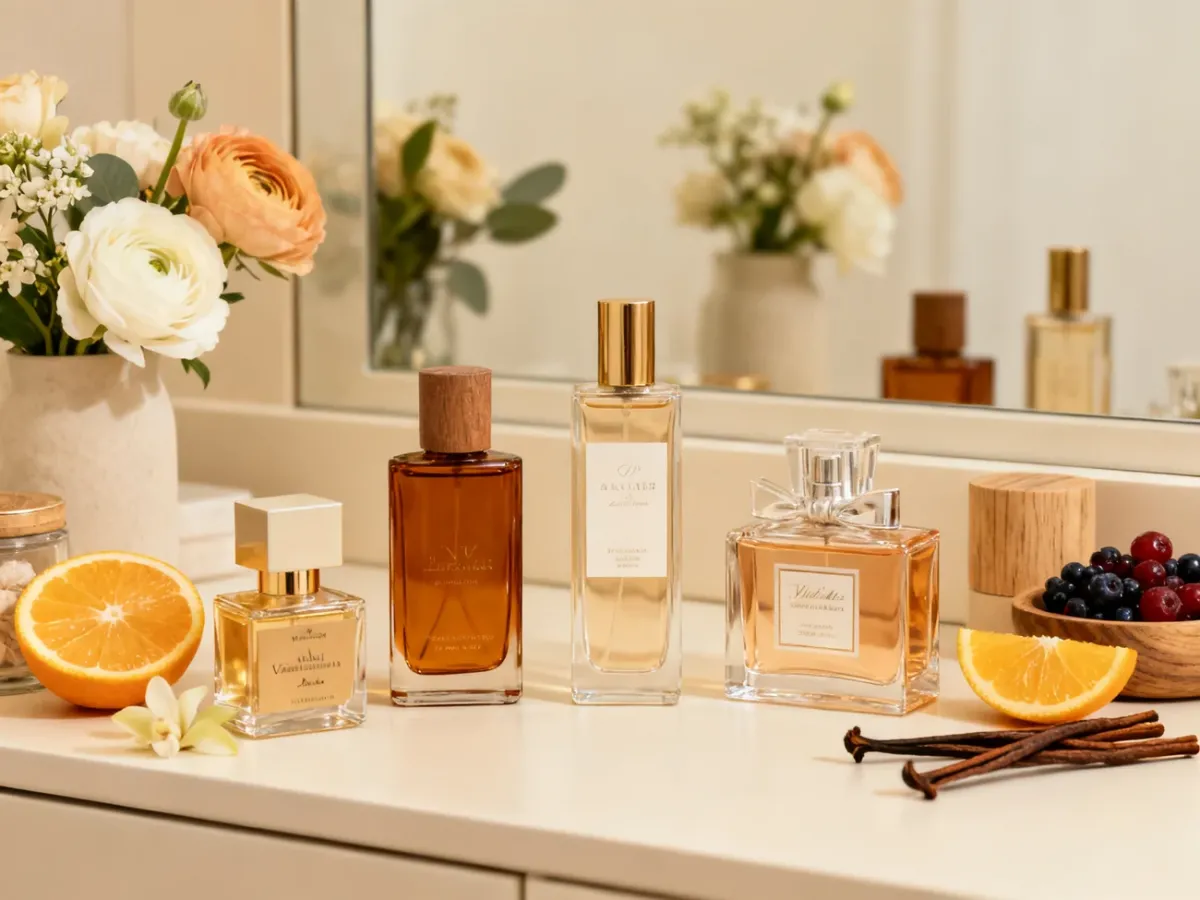 Elegancka kolekcja damskich perfum otoczona kwiatami, cytrusami i wanilią