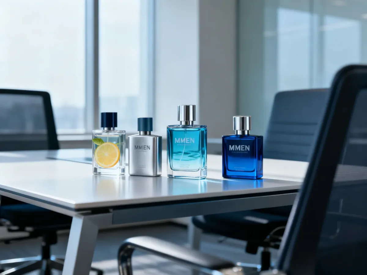 Eleganckie flakony świeżych, cytrusowo-wodnych perfum na biurku