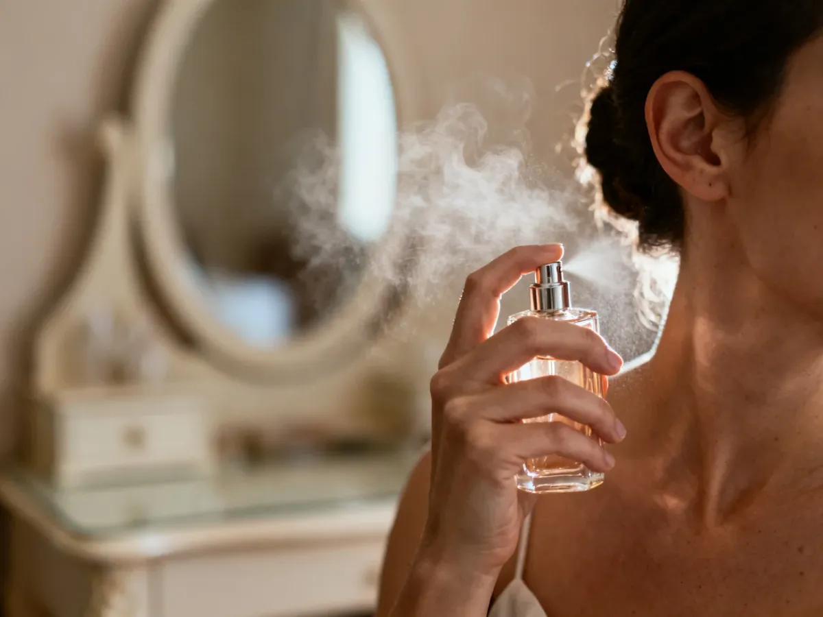 Applying perfume to pulse points near the neck