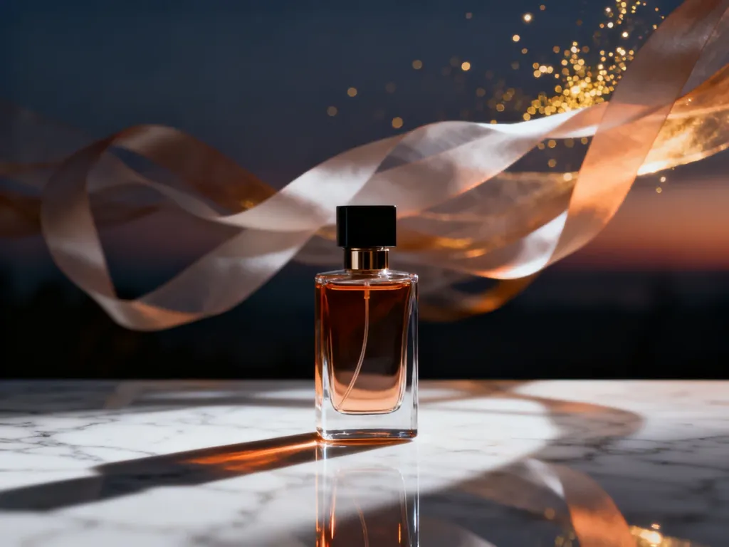 Elegancki flakon perfum Bebecita na marmurowym blacie w otoczeniu złotych refleksów i jedwabnych wstążek.