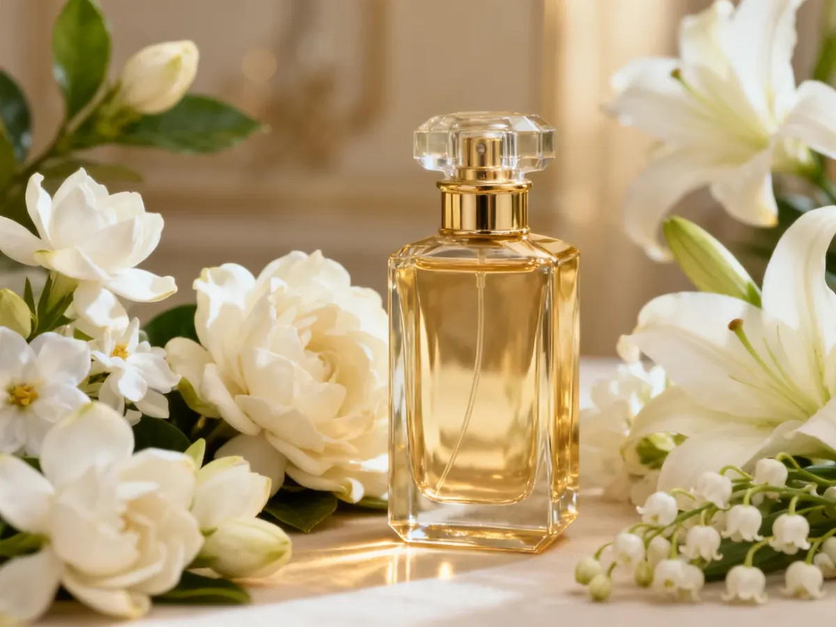 Elegancki flakon perfum otoczony białymi kwiatami