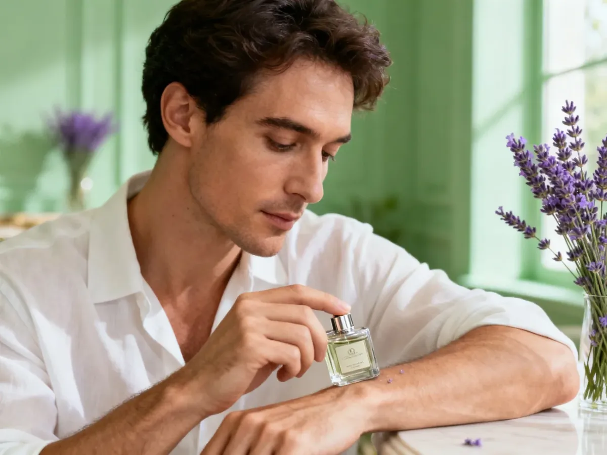 Mężczyzna testujący perfumy z lawendą na nadgarstku