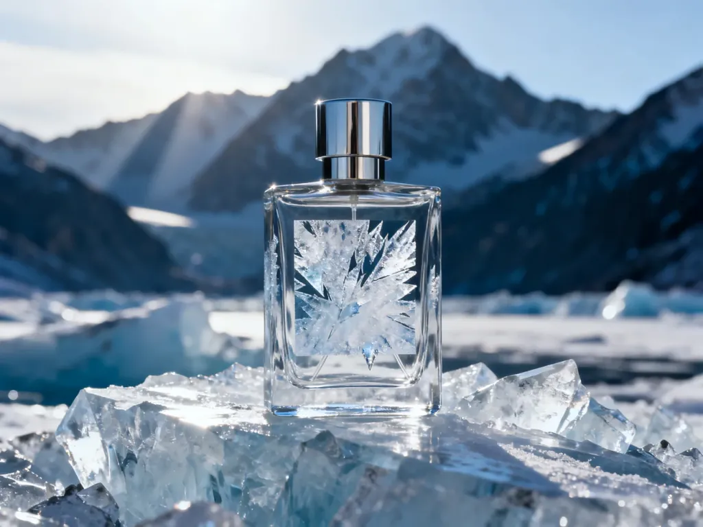Elegancki flakon perfum Glacier na tle lodowca, podkreślający świeży i mroźny charakter zapachu.