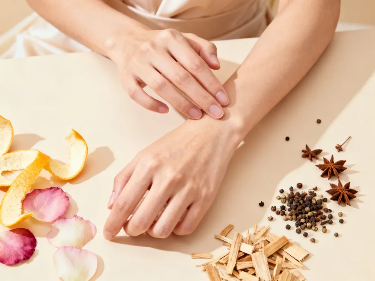 Kobieta testująca perfumy na nadgarstku w otoczeniu różnych nut zapachowych