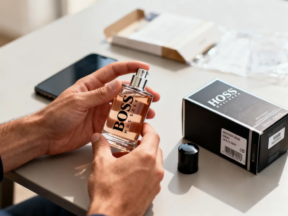 Sprawdzanie flakonu, opakowania i oznaczeń perfum Hugo Boss