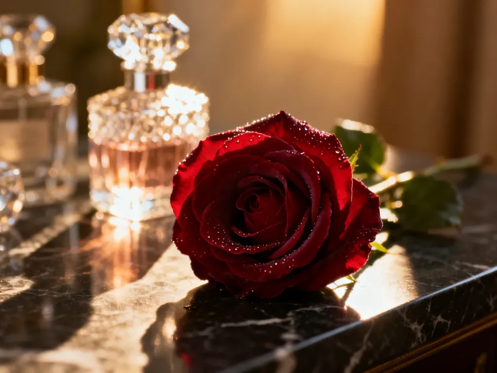 Elegancka czerwona róża z kroplami rosy obok flakonów perfum na marmurowym blacie, podkreślająca luksusowy charakter zapachów.