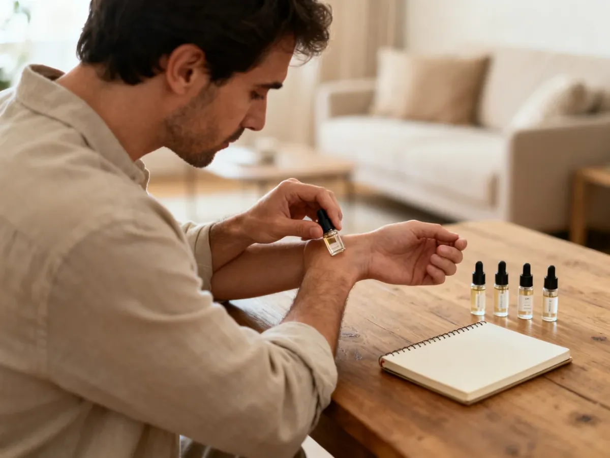 Mężczyzna testujący próbkę perfum na nadgarstku