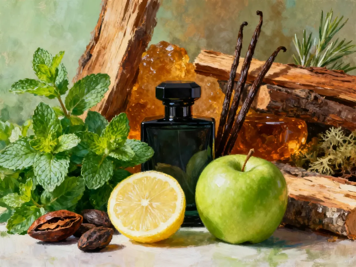 Składniki zapachu ułożone wokół eleganckiego flakonu perfum