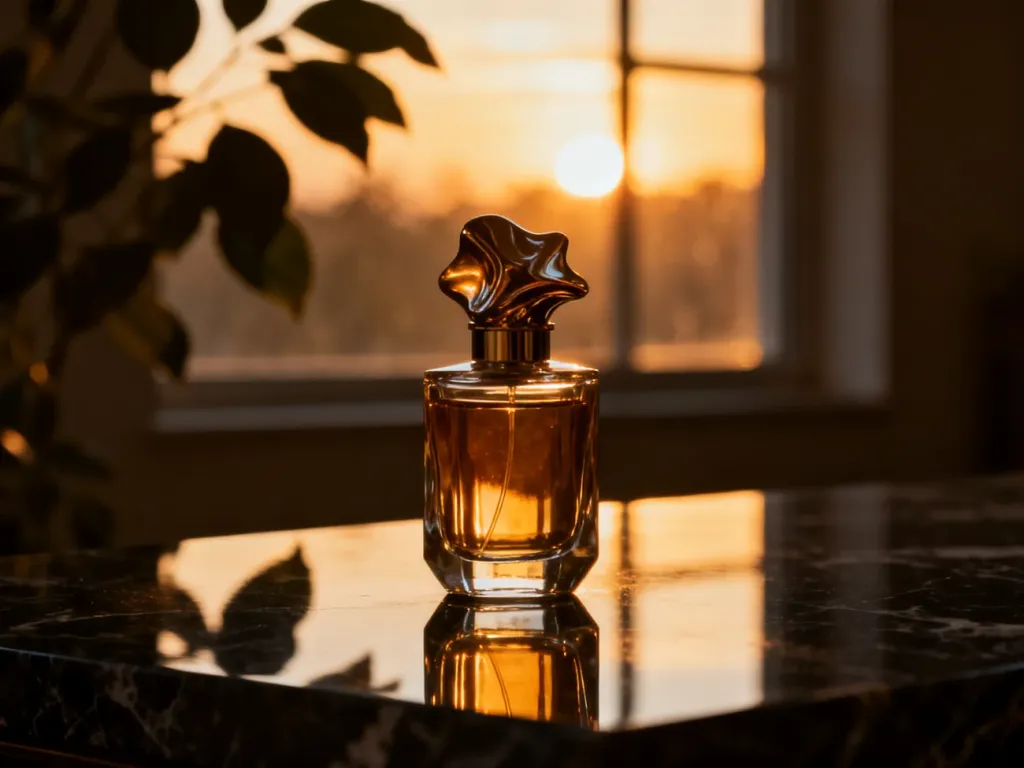 Elegancki flakon perfum niszowych o artystycznym korku, ustawiony na ciemnym marmurze w ciepłym, złotym świetle zachodzącego słońca.