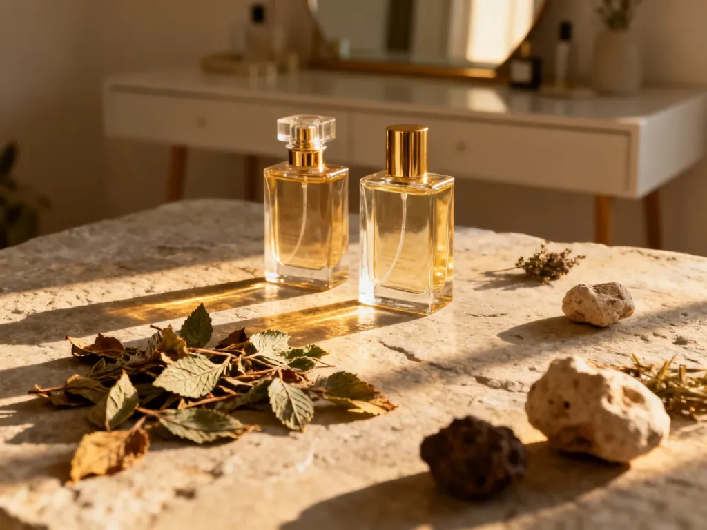 Eleganckie flakony perfum na kamiennym blacie w otoczeniu suszonych liści paczuli w ciepłym, popołudniowym świetle.