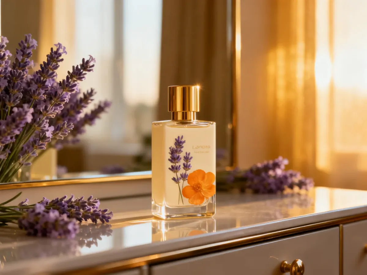 Elegancka kompozycja perfum z lawendą i kwiatami pomarańczy