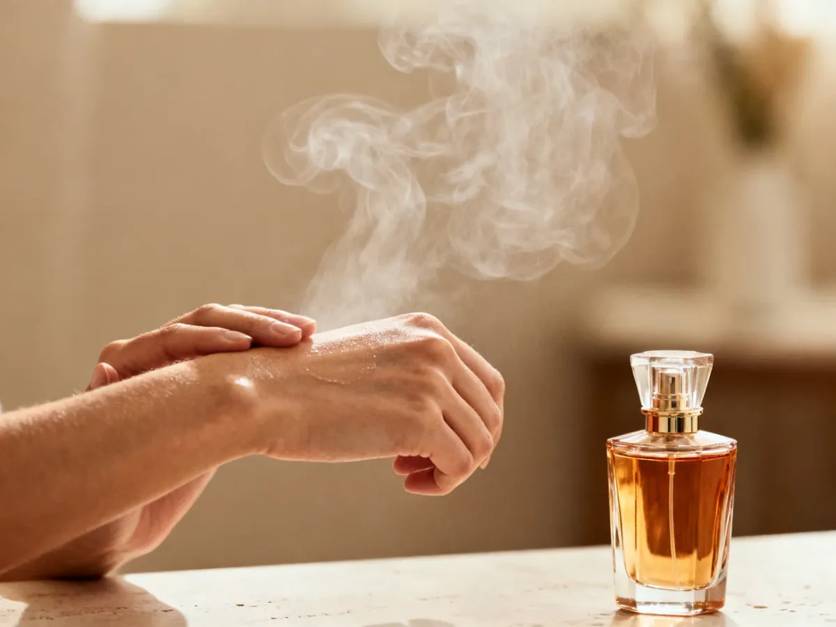 Aplikowanie perfum na nawilżony nadgarstek obok eleganckiego flakonu