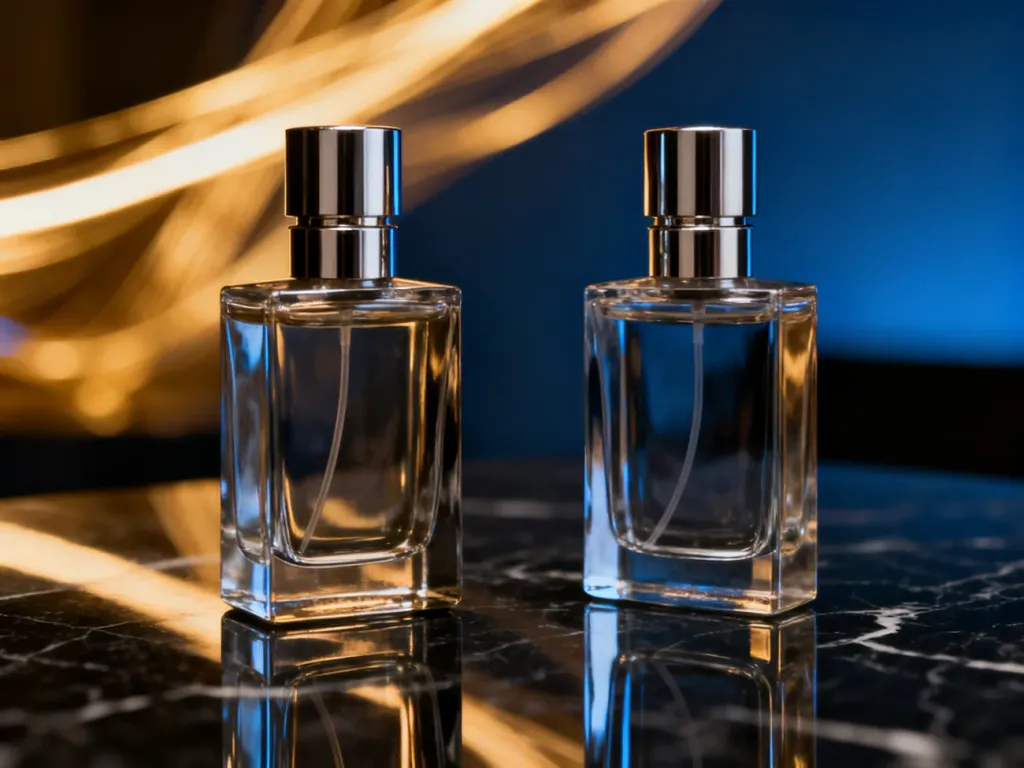Dwie butelki perfum YSL Y zestawione obok siebie na eleganckim, ciemnym blacie w luksusowej oprawie świetlnej.