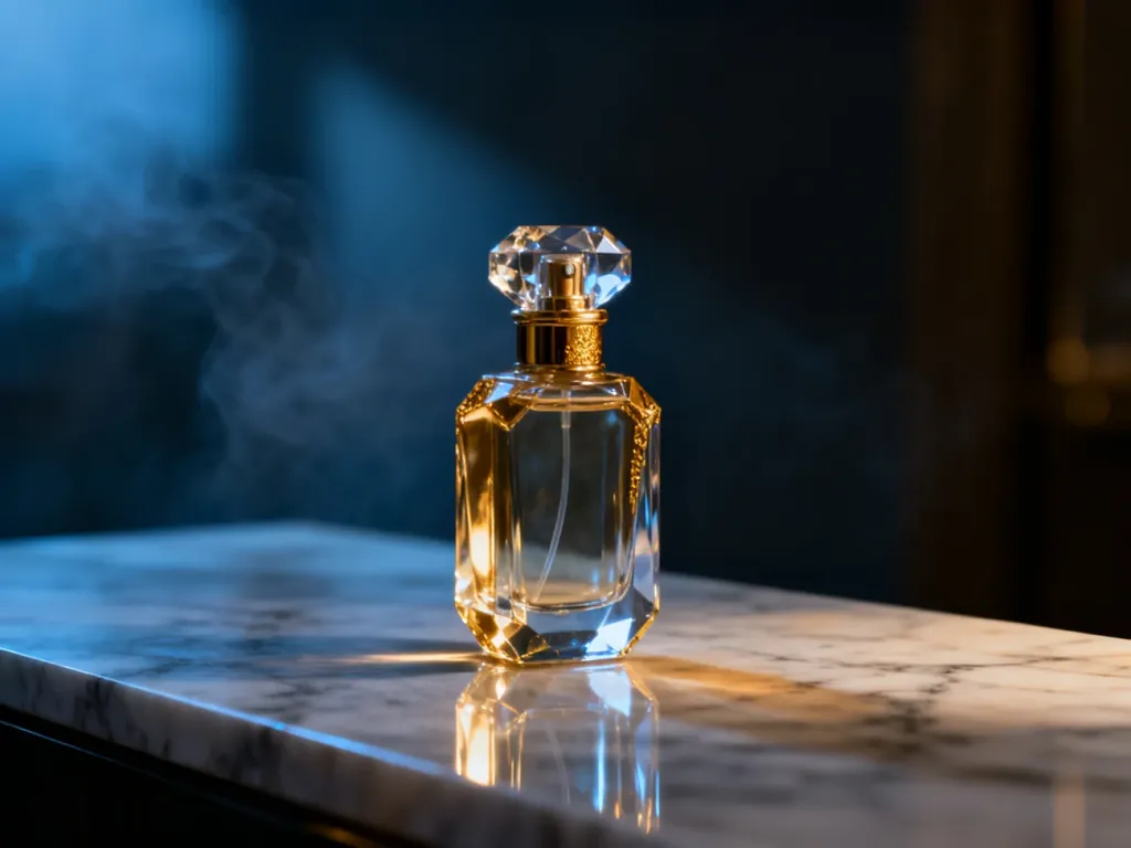 Elegancki flakon niszowych perfum na marmurowym blacie, podkreślający luksusowy charakter zapachu.
