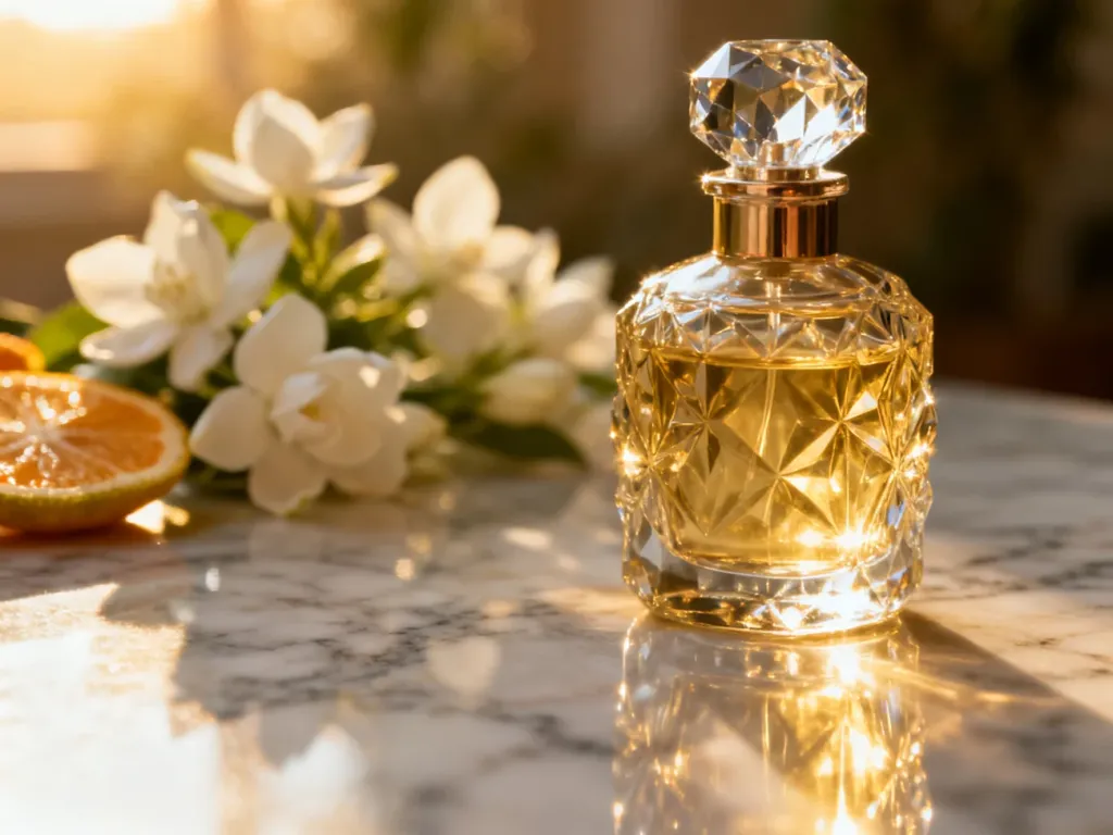 Elegancki flakon perfum na marmurowym blacie w otoczeniu jaśminu i cytrusów, podkreślający luksusowy charakter wody kolońskiej.