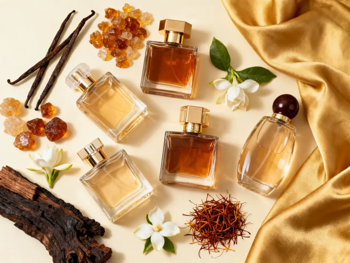 Elegancka kompozycja damskich perfum otoczonych składnikami kojarzącymi się z ambrowym ciepłem