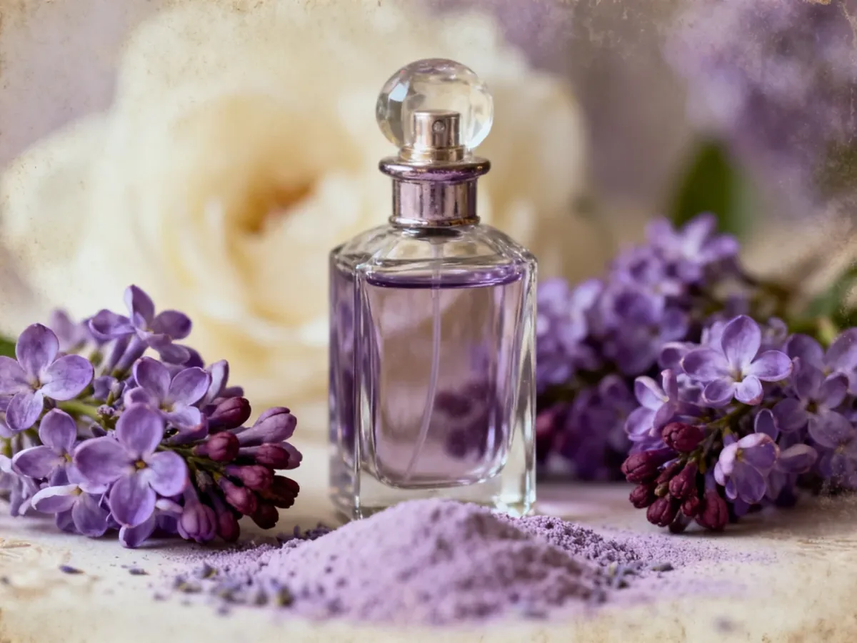 Vintage-style perfume scene with violet flowers in lavender tones