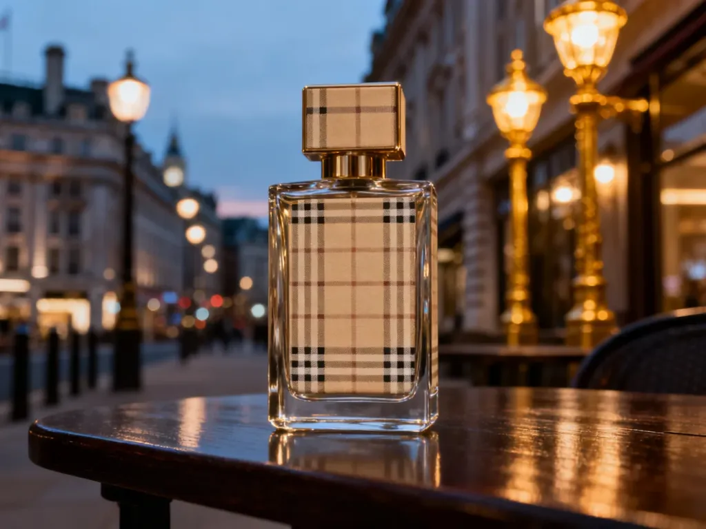 Elegancki flakon perfum Burberry London w charakterystyczną kratę na tle rozmytej, nastrojowej ulicy Londynu o zmierzchu.
