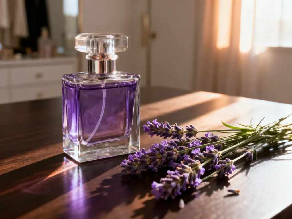 Elegancki flakon perfum z fioletowym płynem obok gałązek lawendy na drewnianym blacie w promieniach porannego słońca.