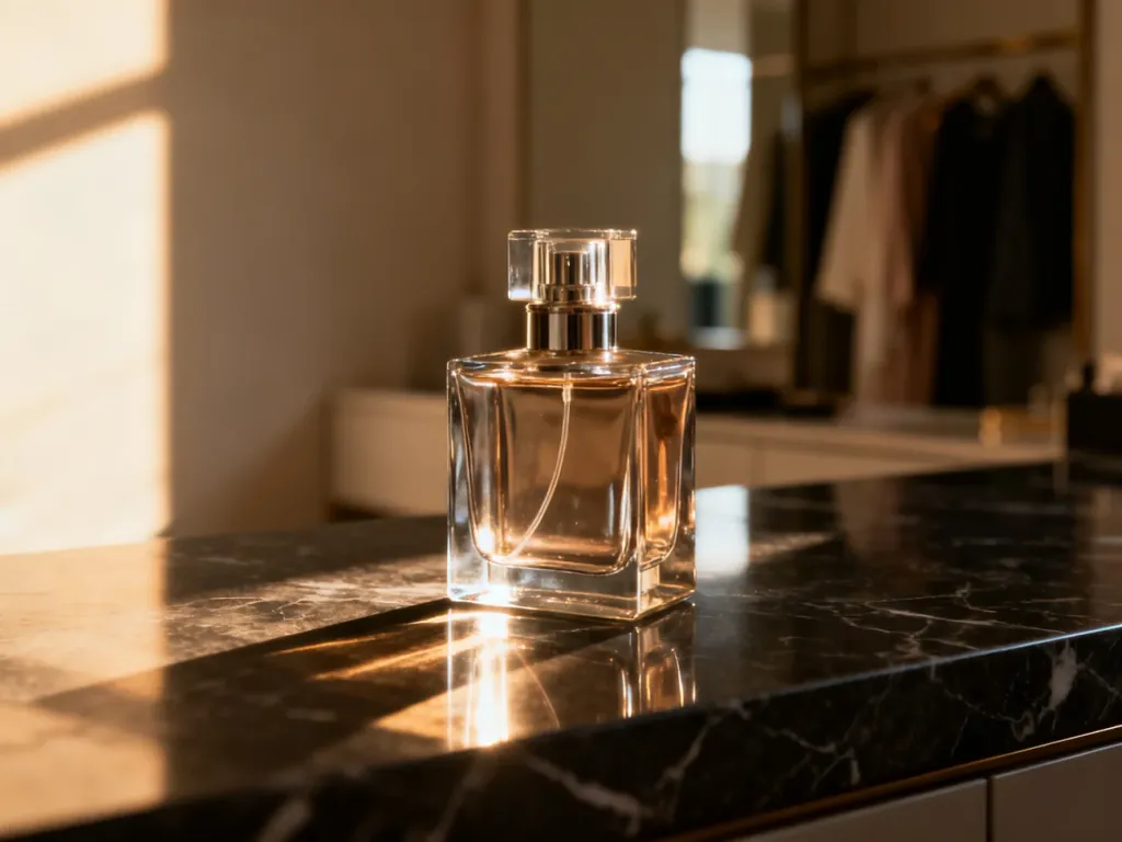 Elegancki flakon perfum na marmurowym blacie w promieniach porannego słońca, podkreślający luksusowy charakter zapachu.