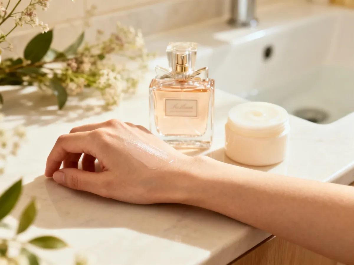 Testing perfume on moisturized skin beside a perfume bottle