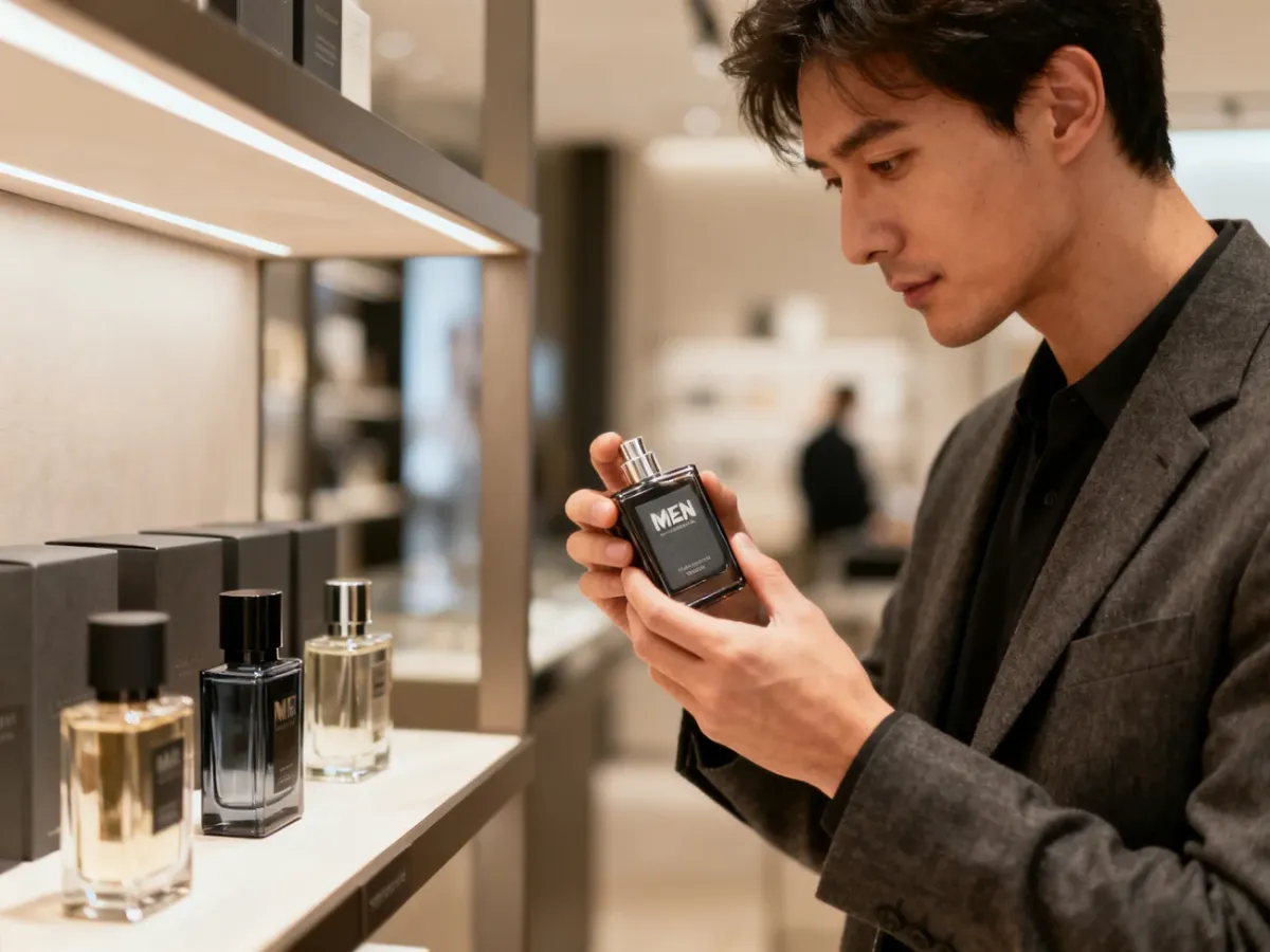 Mężczyzna testujący flakon perfum w sklepie