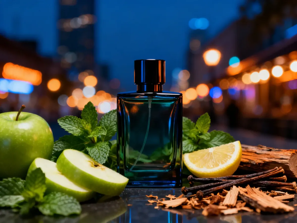 Męskie perfumy otoczone jabłkiem, miętą i wanilią w wieczornej scenerii