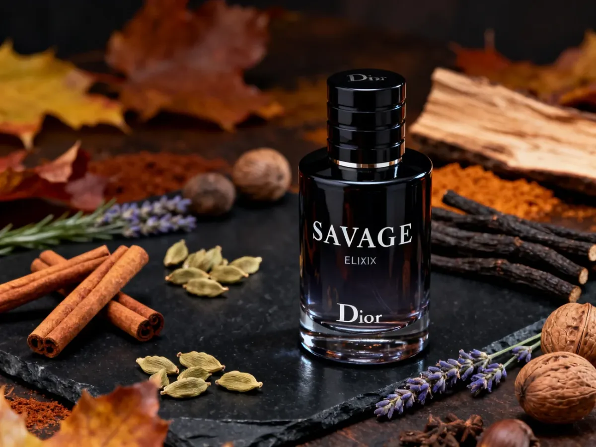 Flakon Dior Sauvage Elixir otoczony przyprawami, lawendą i ciemnymi akordami drzewnymi