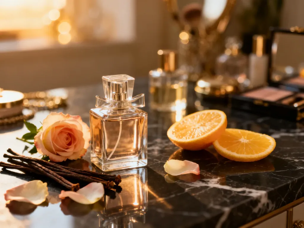 Eleganckie flakony perfum w otoczeniu płatków róż, wanilii i cytrusów na marmurowym blacie, podkreślające składniki zapachowe.
