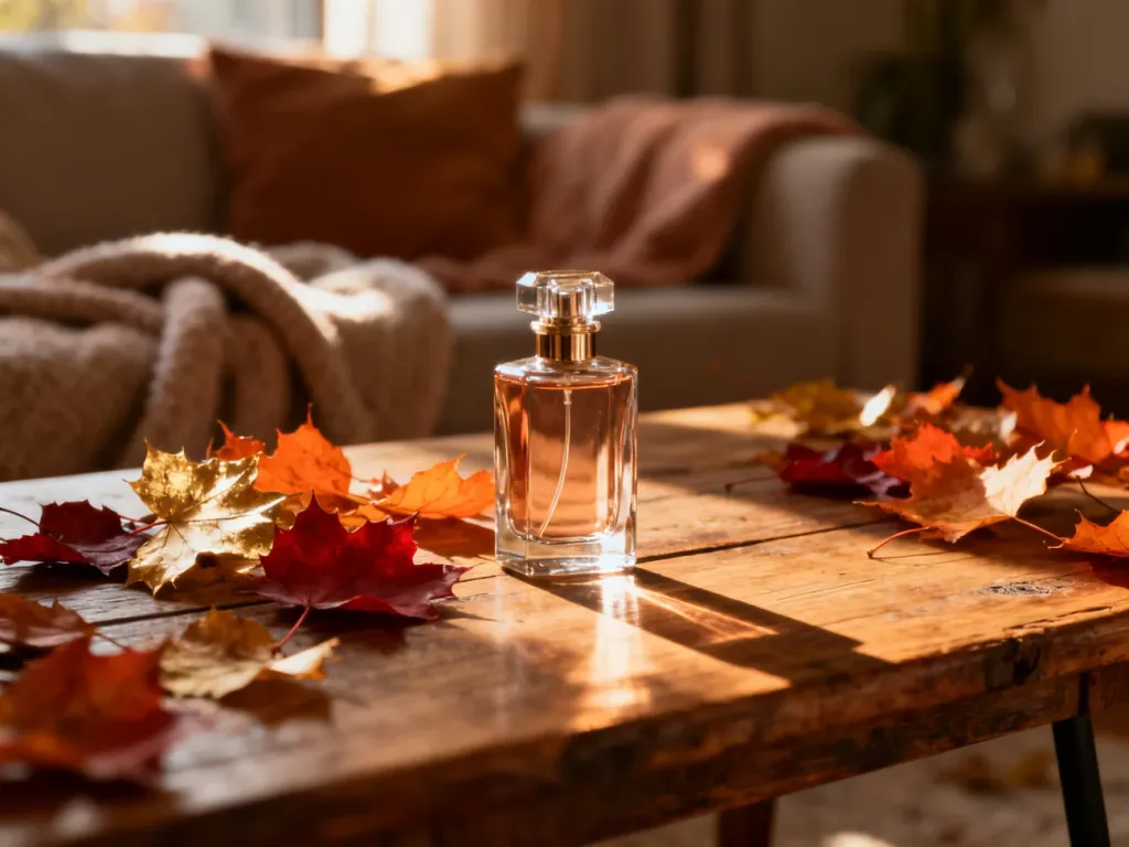 Elegancki flakon perfum na drewnianym stole w otoczeniu jesiennych liści, budujący przytulny, ciepły klimat.
