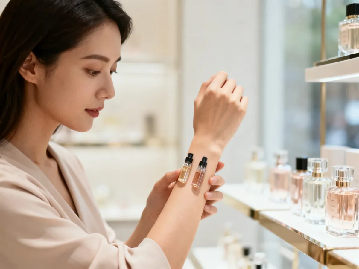 Kobieta testująca eleganckie perfumy na nadgarstku w jasnej perfumerii