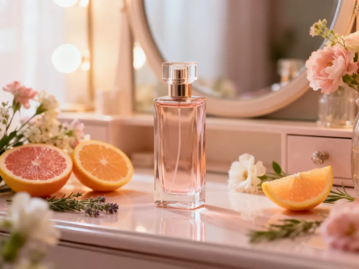 Flakon damskich perfum otoczony cytrusami, kwiatami i ziołami