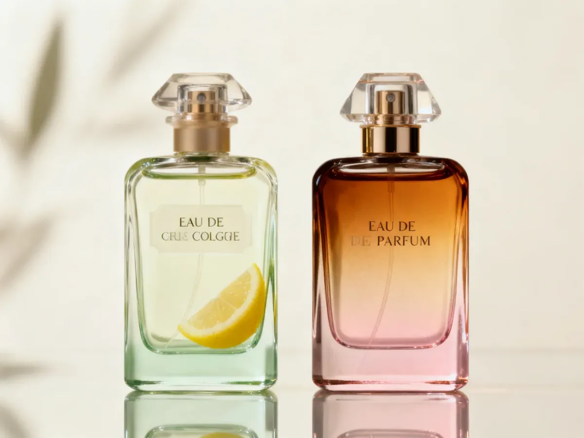 Dwie eleganckie butelki zapachów Eau de Cologne i Eau de Parfum