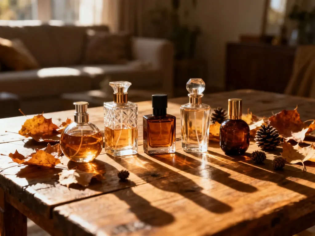 Eleganckie flakony perfum na drewnianym stole w otoczeniu jesiennych liści i szyszek, podkreślające ciepły, jesienny klimat.